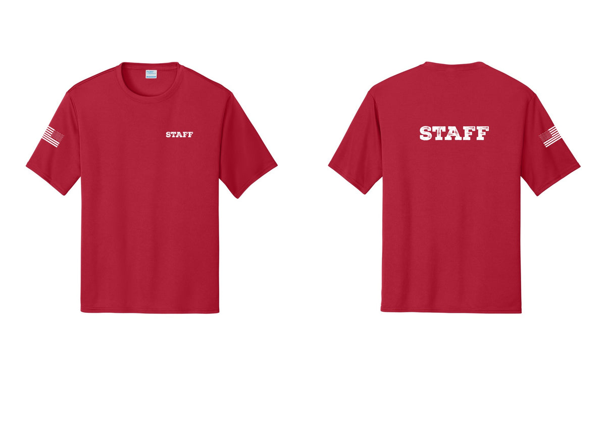 NYC Factory Staff Performance T-Shirt (Rustic) - Chest + Back + US Flag Sleeve - Red
