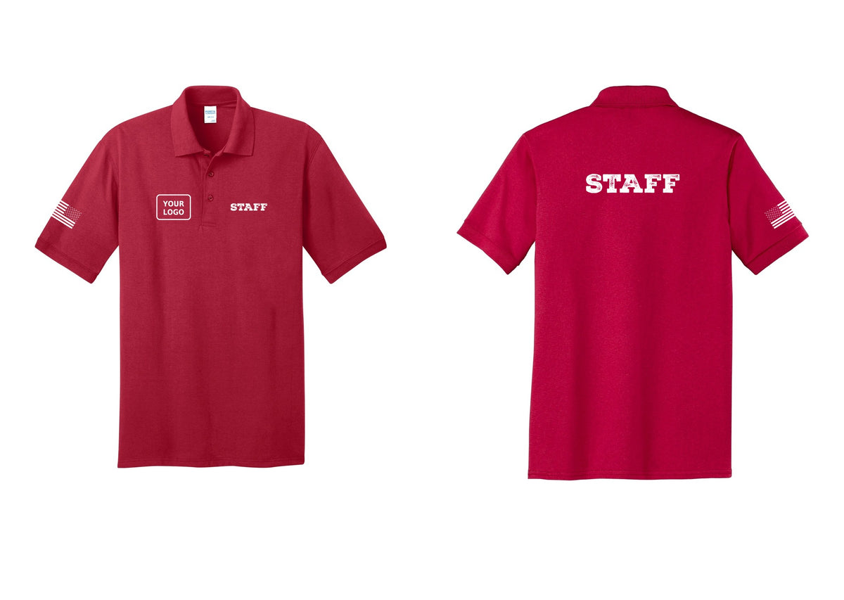 NYC Factory Custom Logo Staff Polo Shirt (Rustic) - STAFF + Your Logo + Back + US Flag Sleeve - Red