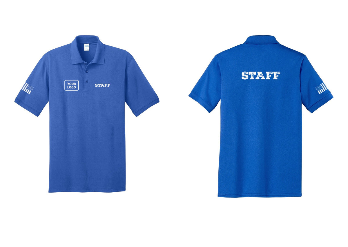 NYC Factory Custom Logo Staff Polo Shirt (Rustic) - STAFF + Your Logo + Back + US Flag Sleeve - Royal
