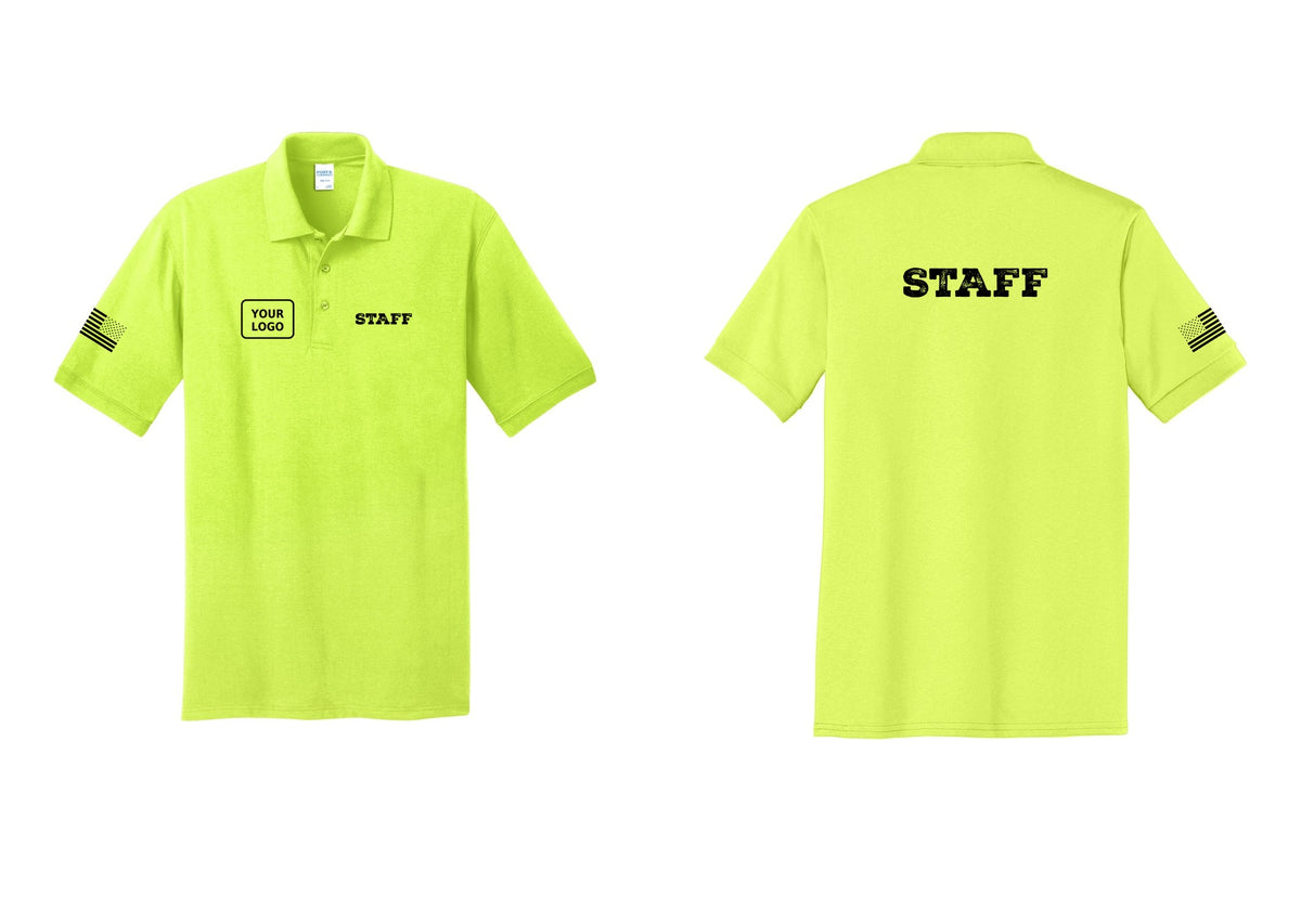 NYC Factory Custom Logo Staff Polo Shirt (Rustic) - STAFF + Your Logo + Back + US Flag Sleeve - Safety Green