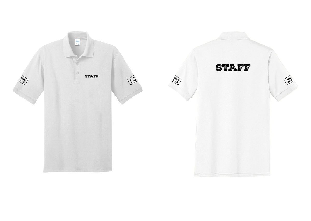 NYC Factory Custom Logo Staff Polo Shirt (Rustic) - Chest + Back + Your Logo Sleeves - White