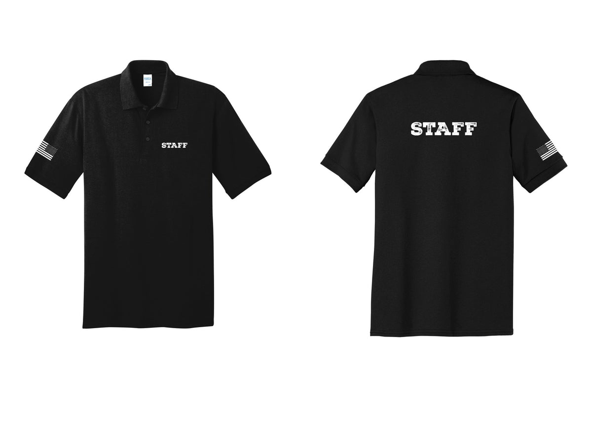 NYC Factory Staff Polo Shirt (Rustic) - Chest + Back + US Flag Sleeve - Black
