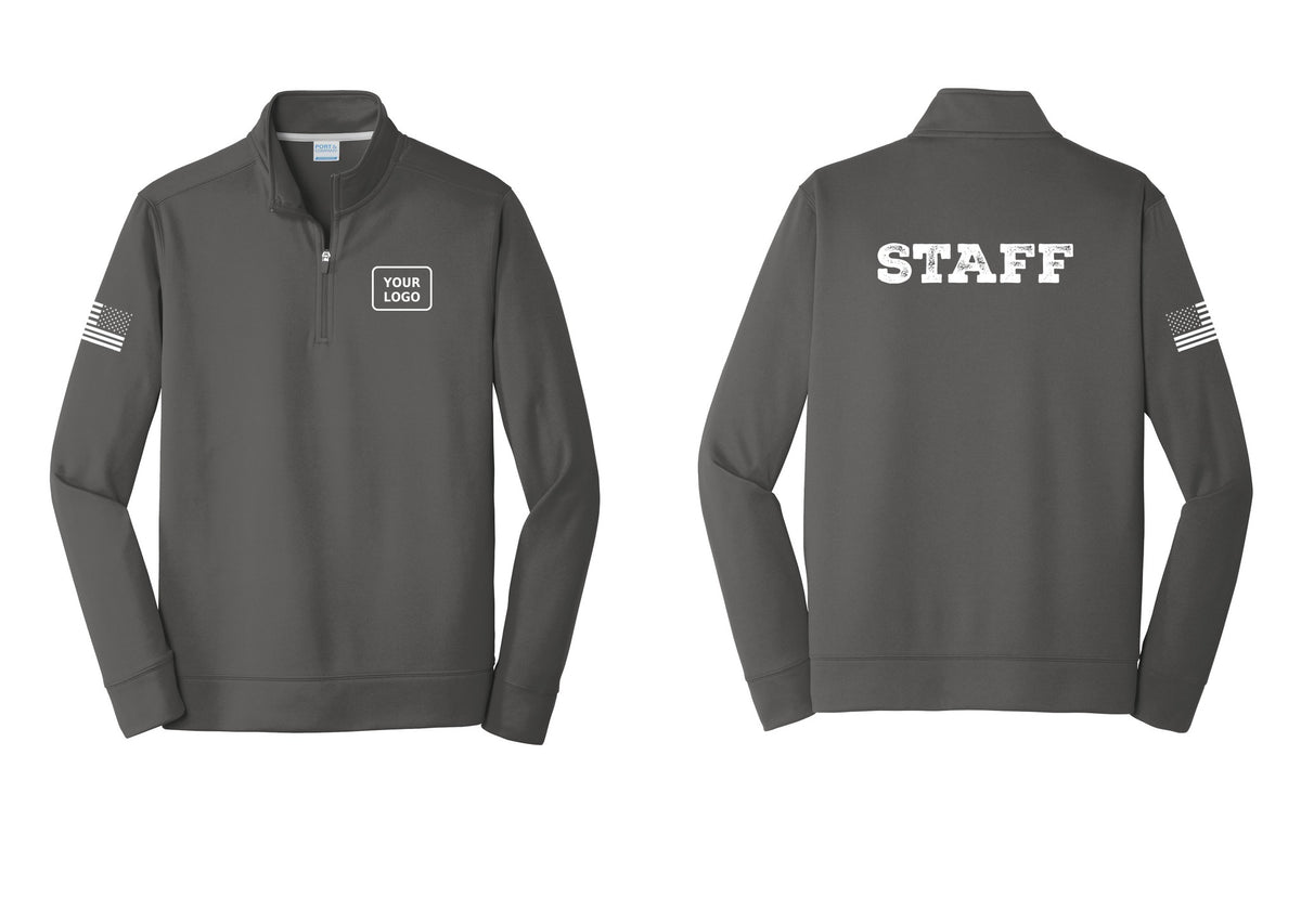 NYC Factory Custom Logo Staff Performance Fleece 1/4-Zip Pullover Sweatshirt (Rustic) - Your Logo + Back + US Flag Sleeve - Charcoal