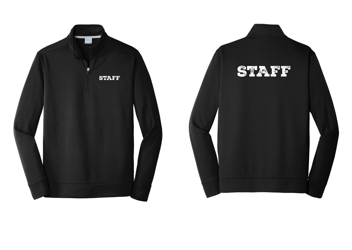 NYC Factory Staff Performance Fleece 1/4-Zip Pullover Sweatshirt (Rustic) - Chest + Back - Black