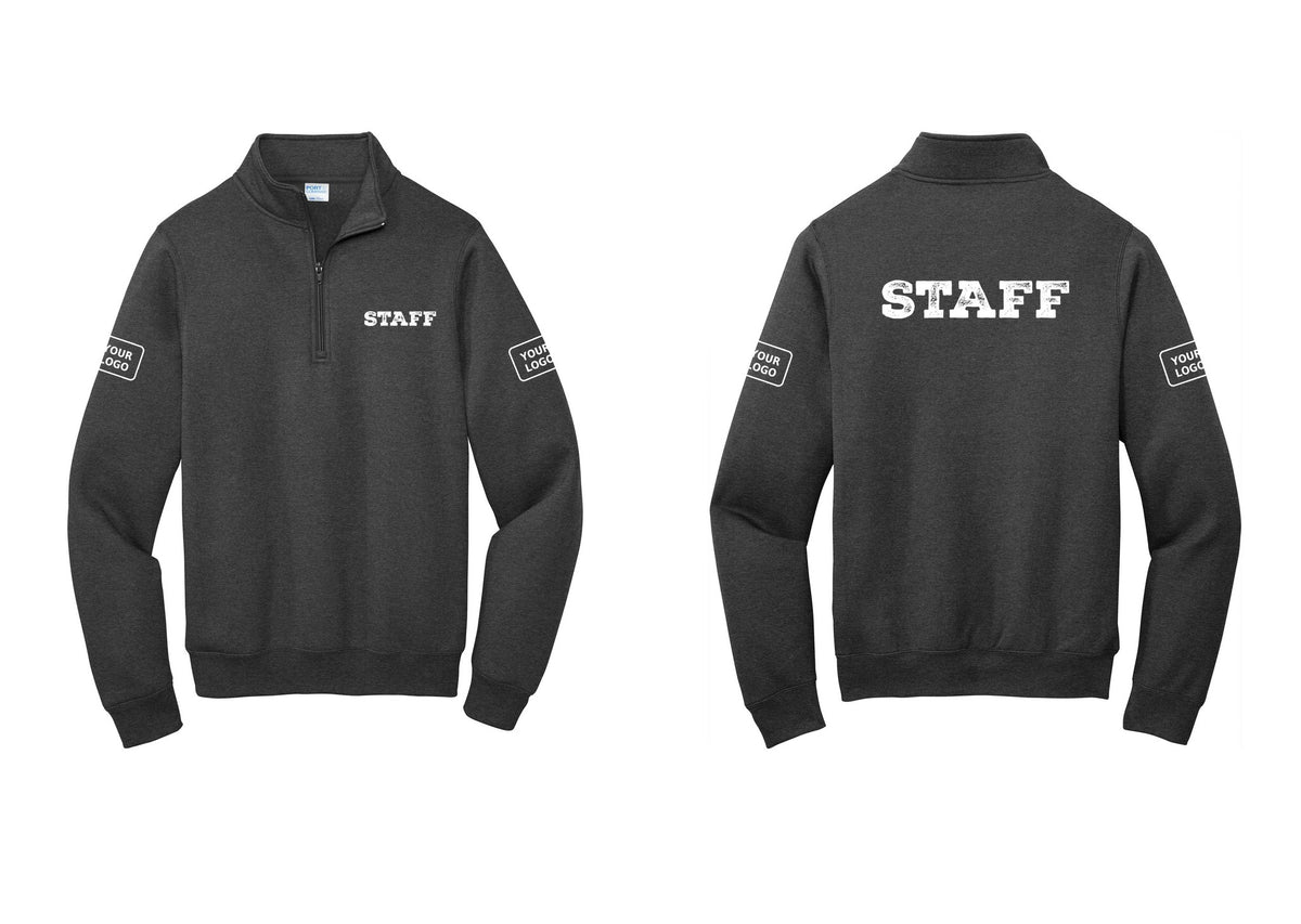 NYC Factory Custom Logo Staff Cotton Fleece 1/4-Zip Pullover Sweatshirt (Rustic) - Chest + Back + Your Logo Sleeves - Dark Heather Grey