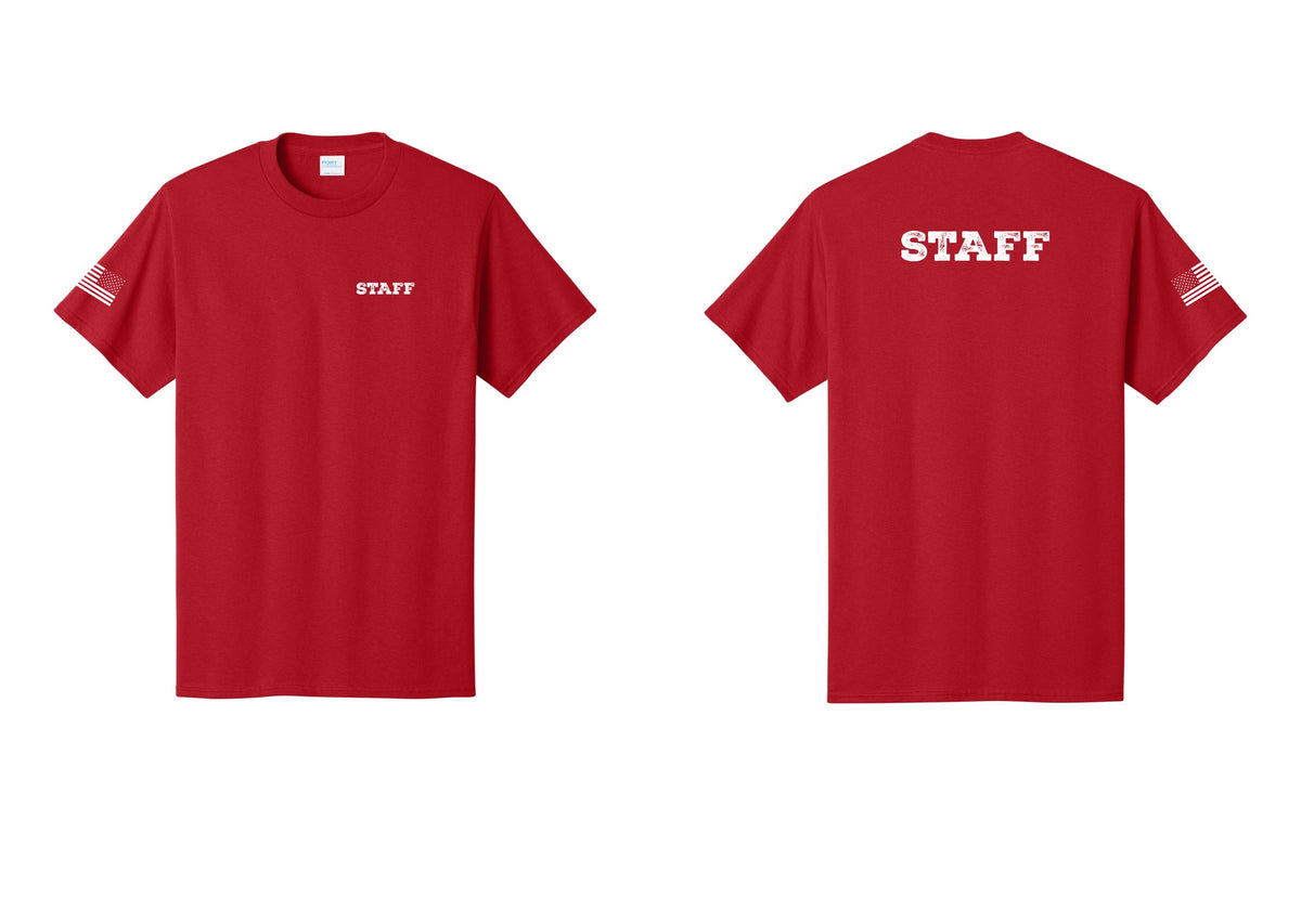 NYC Factory Staff T-Shirt, Rustic Lettering - Chest + Back + US Flag Sleeve - Red