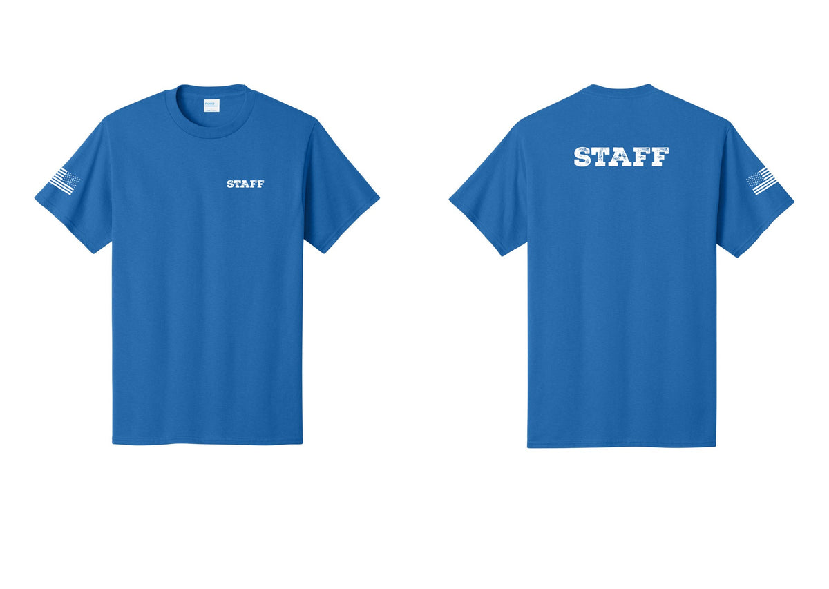 NYC Factory Staff T-Shirt, Rustic Lettering - Chest + Back + US Flag Sleeve - Royal