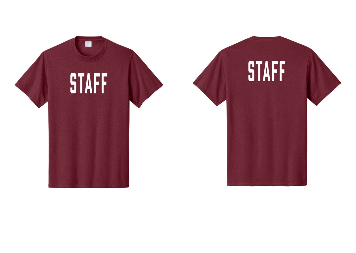 NYC Factory Staff T-Shirt, Condensed Lettering - Front + Back - Cardinal