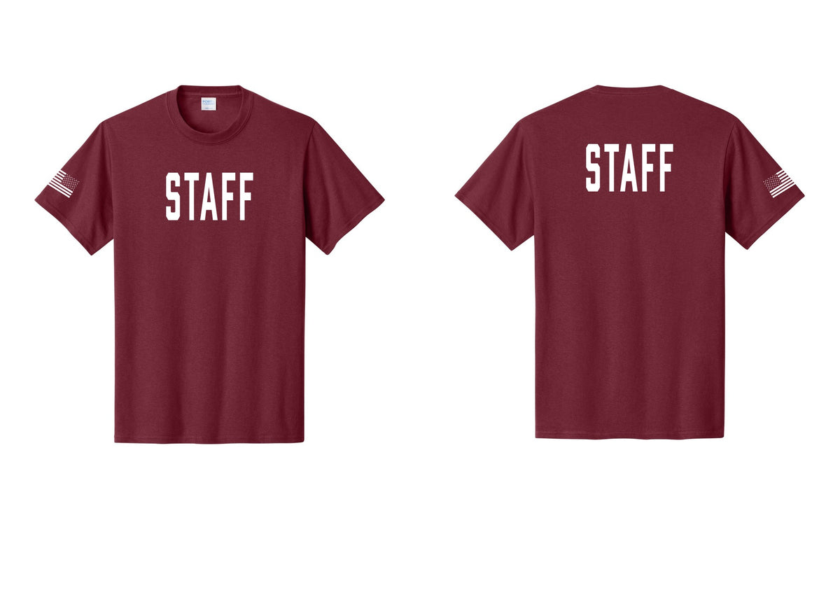 NYC Factory Staff T-Shirt, Condensed Lettering - Front + Back + US Flag Sleeve - Cardinal