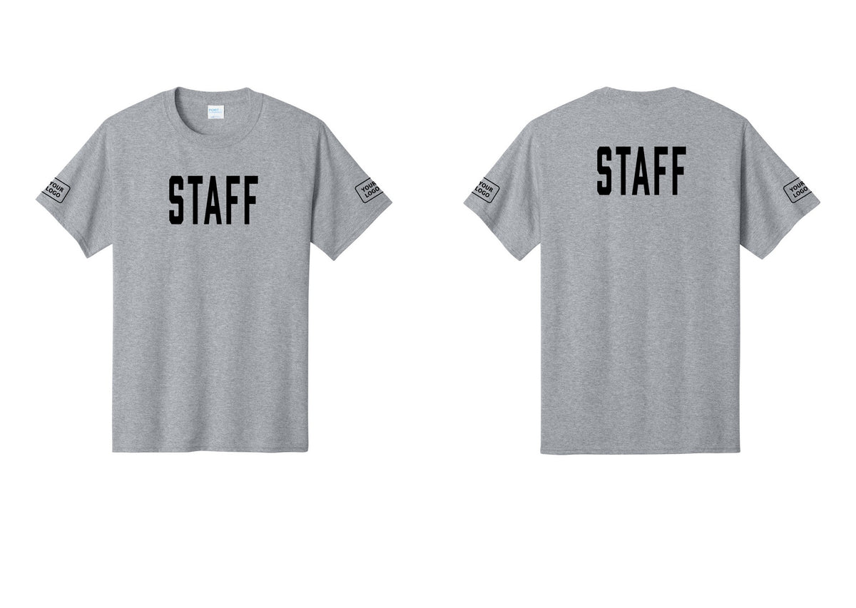 NYC Factory Custom Logo Staff T-Shirt, Condensed Lettering - Front + Back + Your Logo Sleeves - Athletic Heather