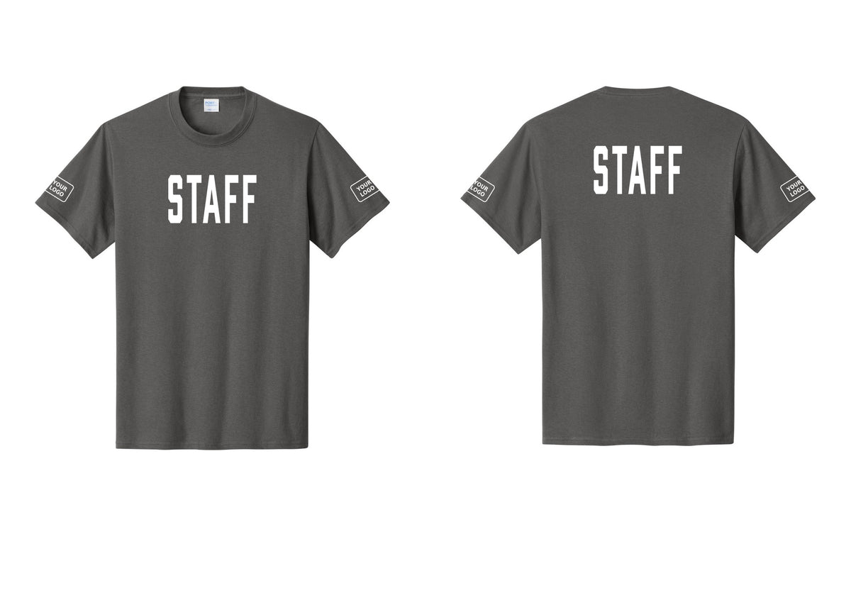 NYC Factory Custom Logo Staff T-Shirt, Condensed Lettering - Front + Back + Your Logo Sleeves - Charcoal