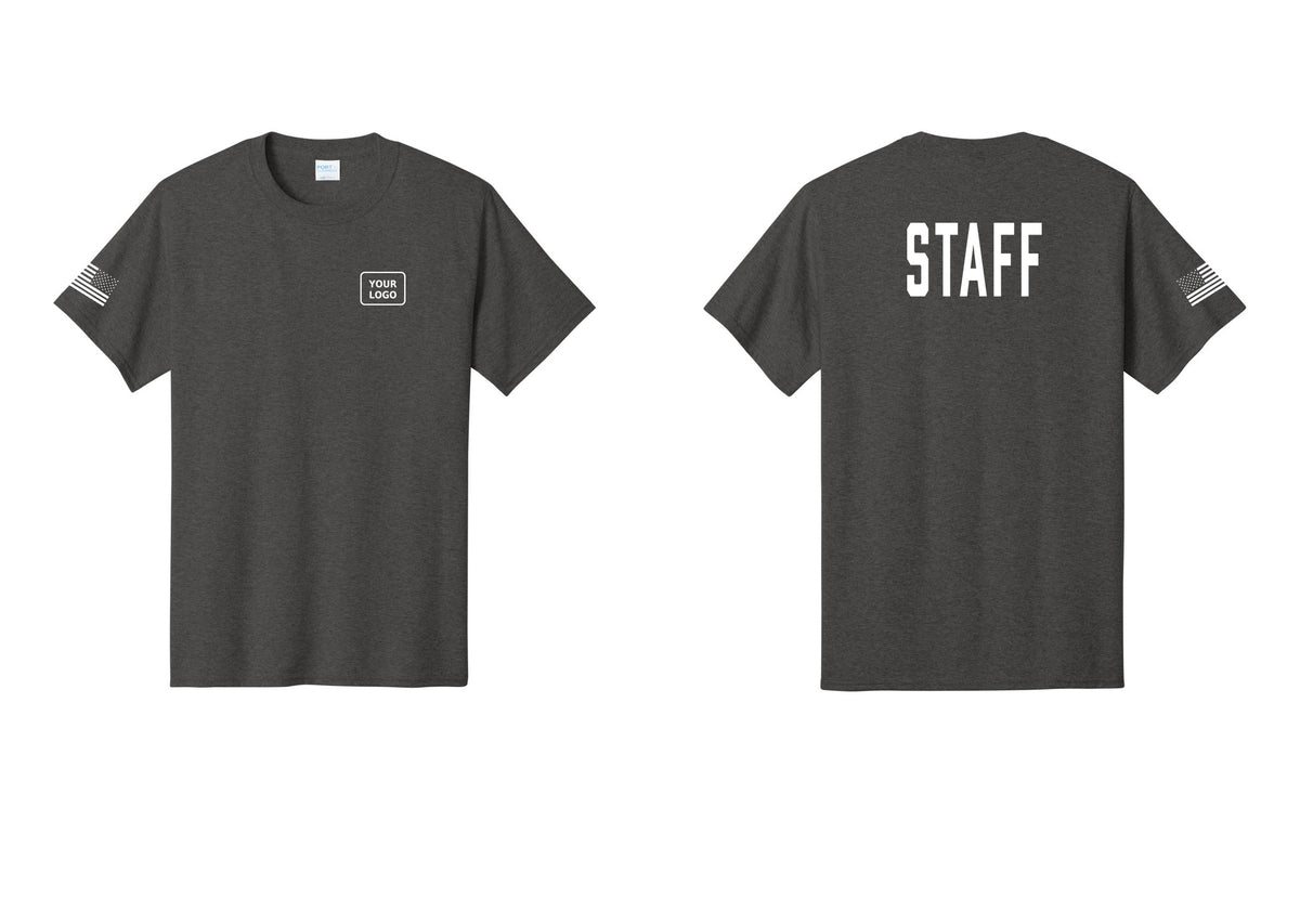 NYC Factory Custom Logo Staff T-Shirt, Condensed Lettering - Your Logo + Back + US Flag Sleeve - Dark Heather Grey