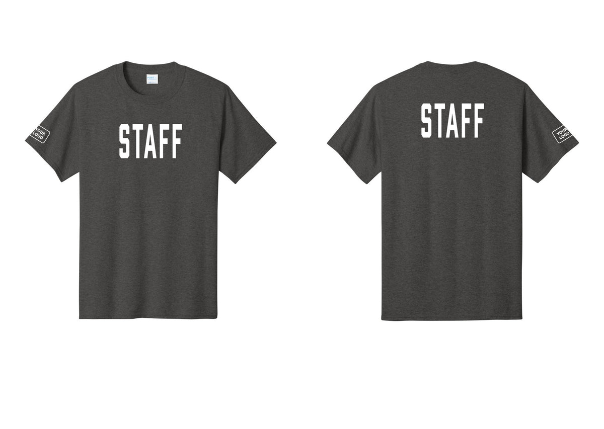 NYC Factory Custom Logo Staff T-Shirt, Condensed Lettering - Front + Back + Your Logo Sleeve - Dark Heather Grey
