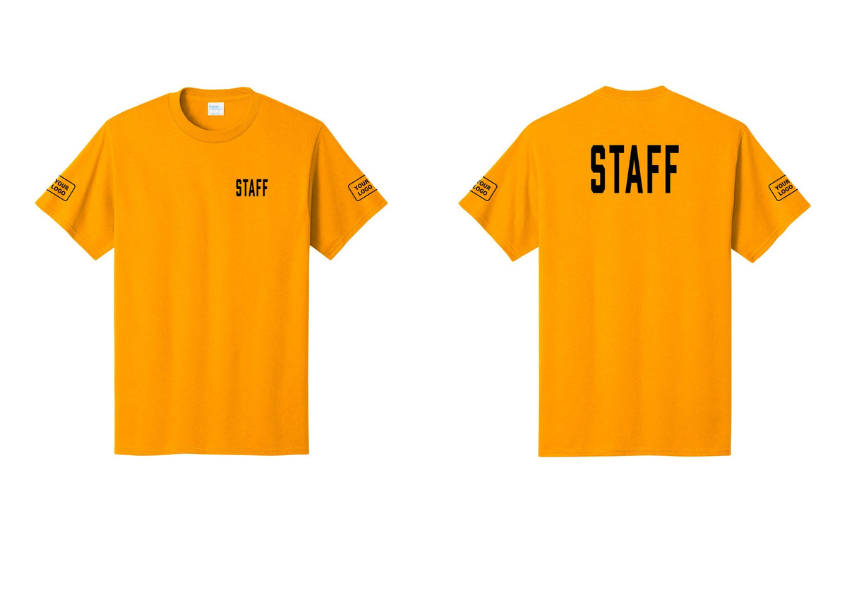 NYC Factory Custom Logo Staff T-Shirt, Condensed Lettering - Chest + Back + Your Logo Sleeves - Gold