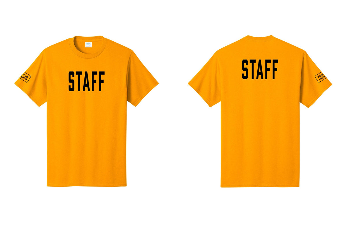 NYC Factory Custom Logo Staff T-Shirt, Condensed Lettering - Front + Back + Your Logo Sleeve - Gold