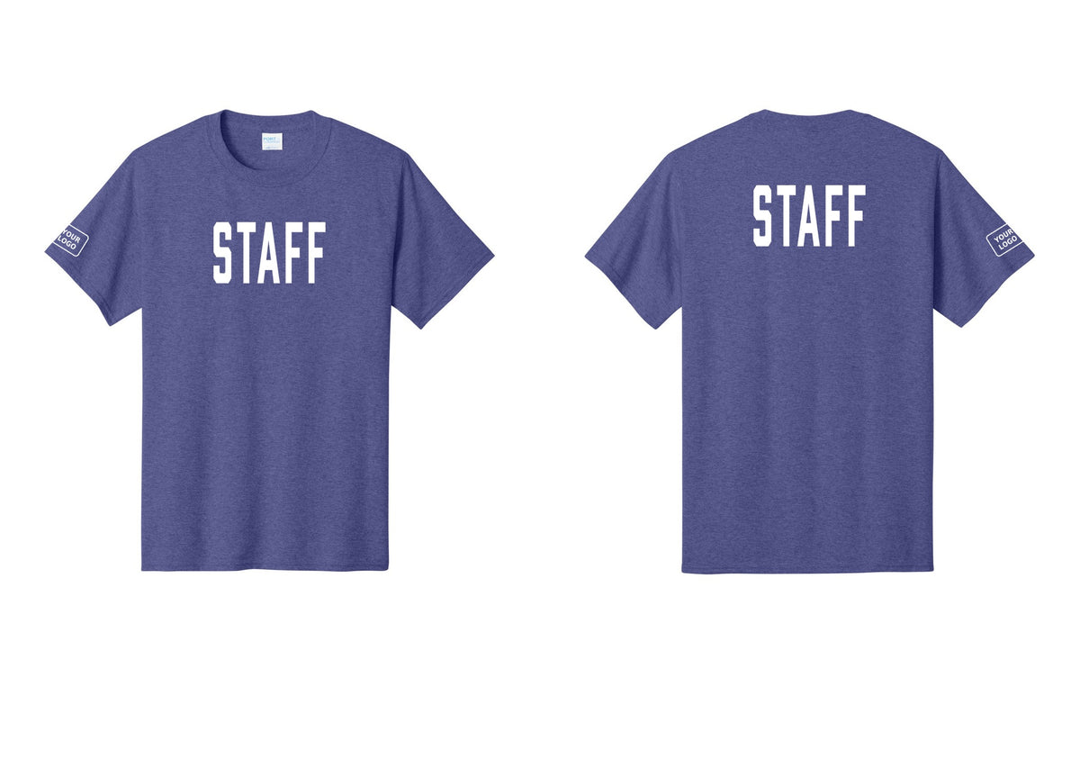 NYC Factory Custom Logo Staff T-Shirt, Condensed Lettering - Front + Back + Your Logo Sleeve - Heather Purple