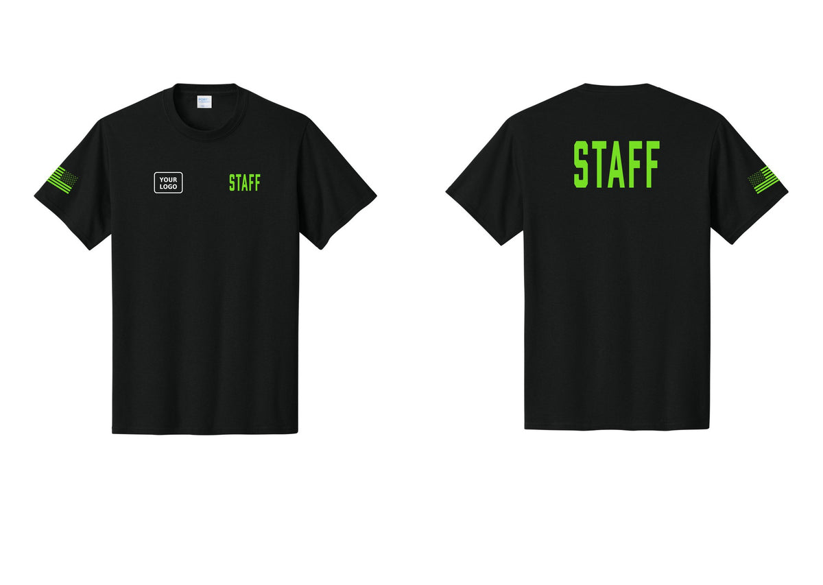 NYC Factory Custom Logo Staff T-Shirt, Condensed Lettering - STAFF + Your Logo + Back + US Flag Sleeve - Black / Neon