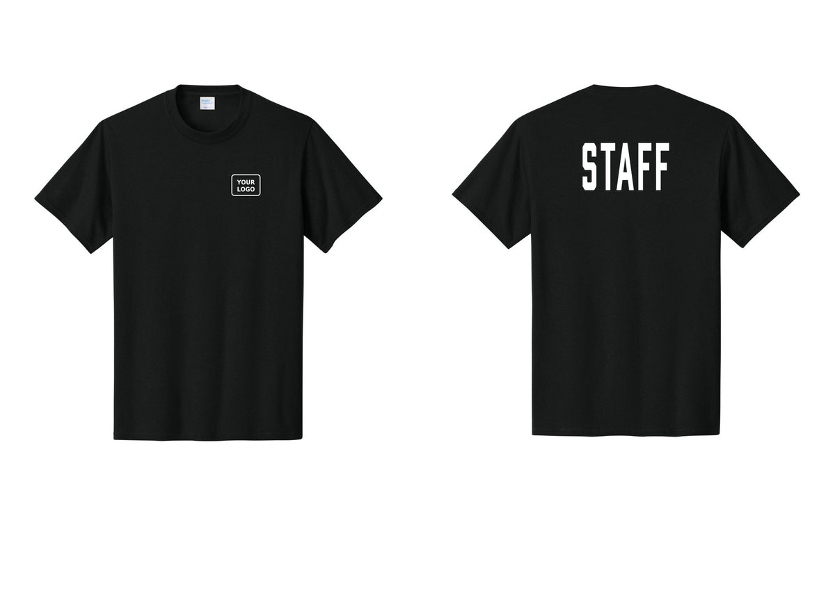 NYC Factory Custom Logo Staff T-Shirt, Condensed Lettering - Your Logo + Back - Black