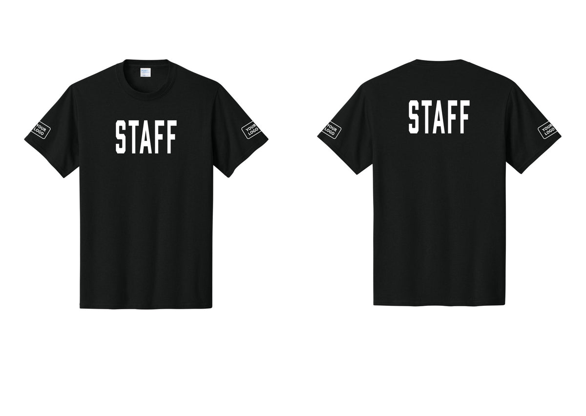 NYC Factory Custom Logo Staff T-Shirt, Condensed Lettering - Front + Back + Your Logo Sleeves - Black