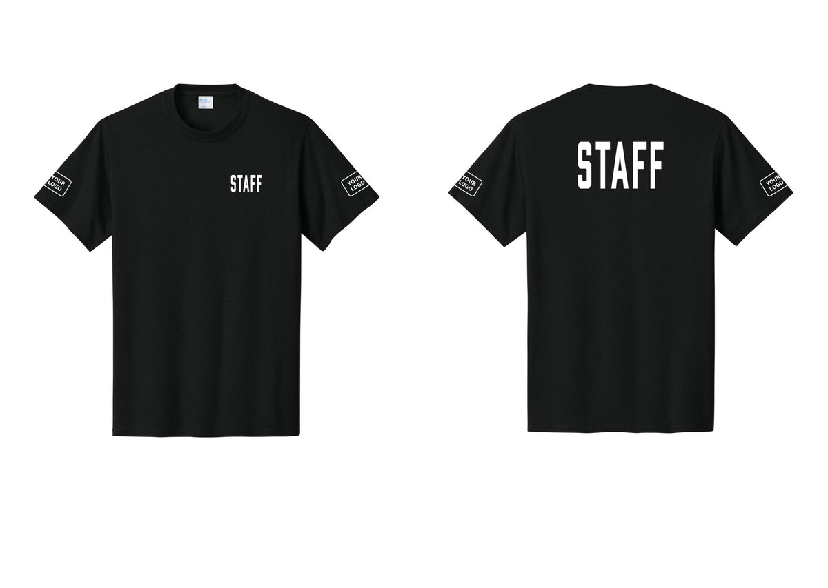 NYC Factory Custom Logo Staff T-Shirt, Condensed Lettering - Chest + Back + Your Logo Sleeves - Black