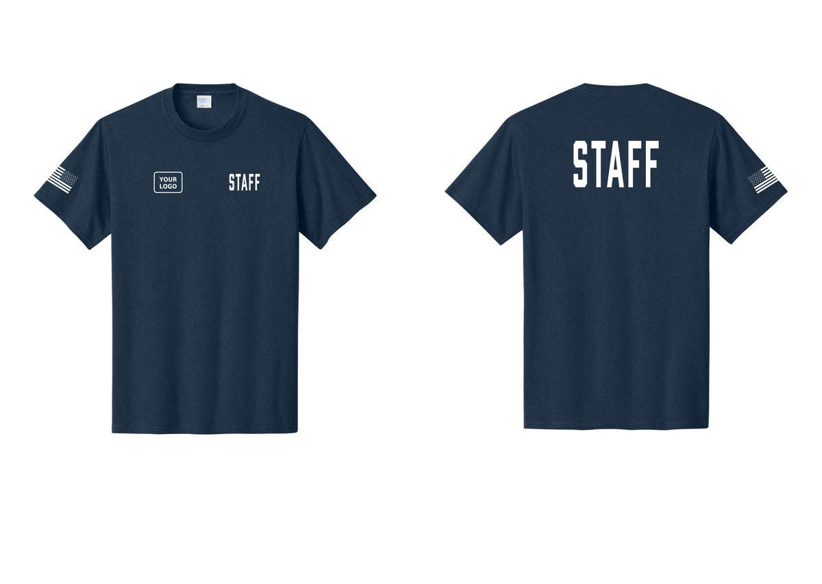 NYC Factory Custom Logo Staff T-Shirt, Condensed Lettering - STAFF + Your Logo + Back + US Flag Sleeve - Navy