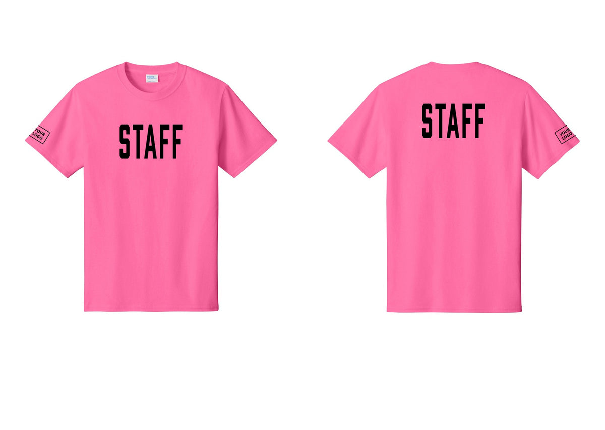 NYC Factory Custom Logo Staff T-Shirt, Condensed Lettering - Front + Back + Your Logo Sleeve - Neon Pink