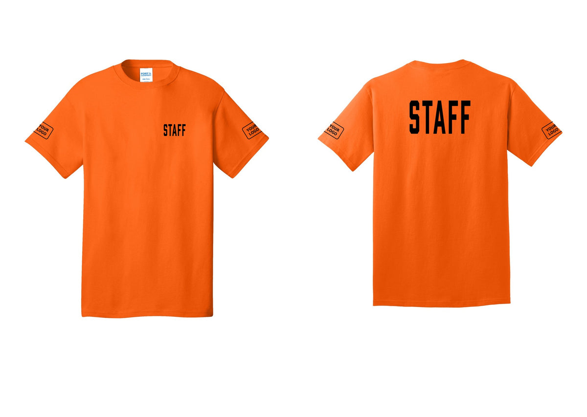 NYC Factory Custom Logo Staff T-Shirt, Condensed Lettering - Chest + Back + Your Logo Sleeves - Safety Orange