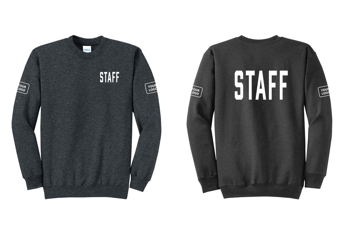 NYC Factory Custom Logo Staff Cotton Fleece Crewneck Sweatshirt (Classic) - Chest + Back + Your Logo Sleeves - Dark Heather Grey