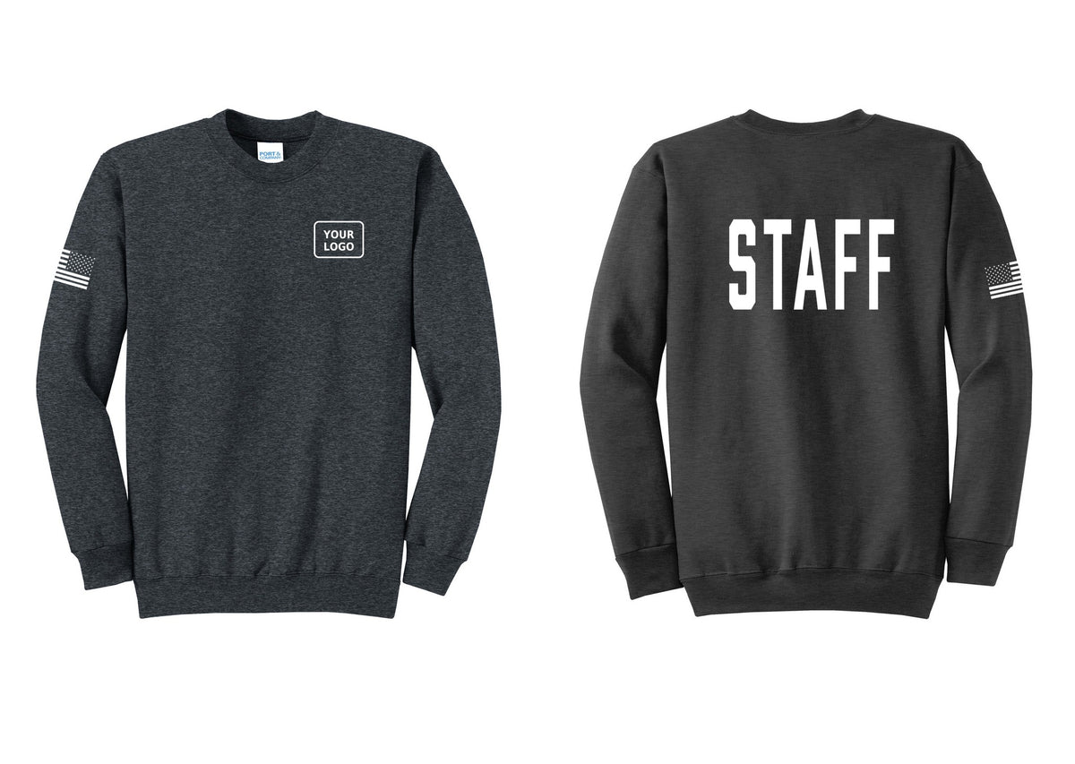NYC Factory Custom Logo Staff Cotton Fleece Crewneck Sweatshirt (Classic) - Your Logo + Back + US Flag Sleeve - Dark Heather Grey