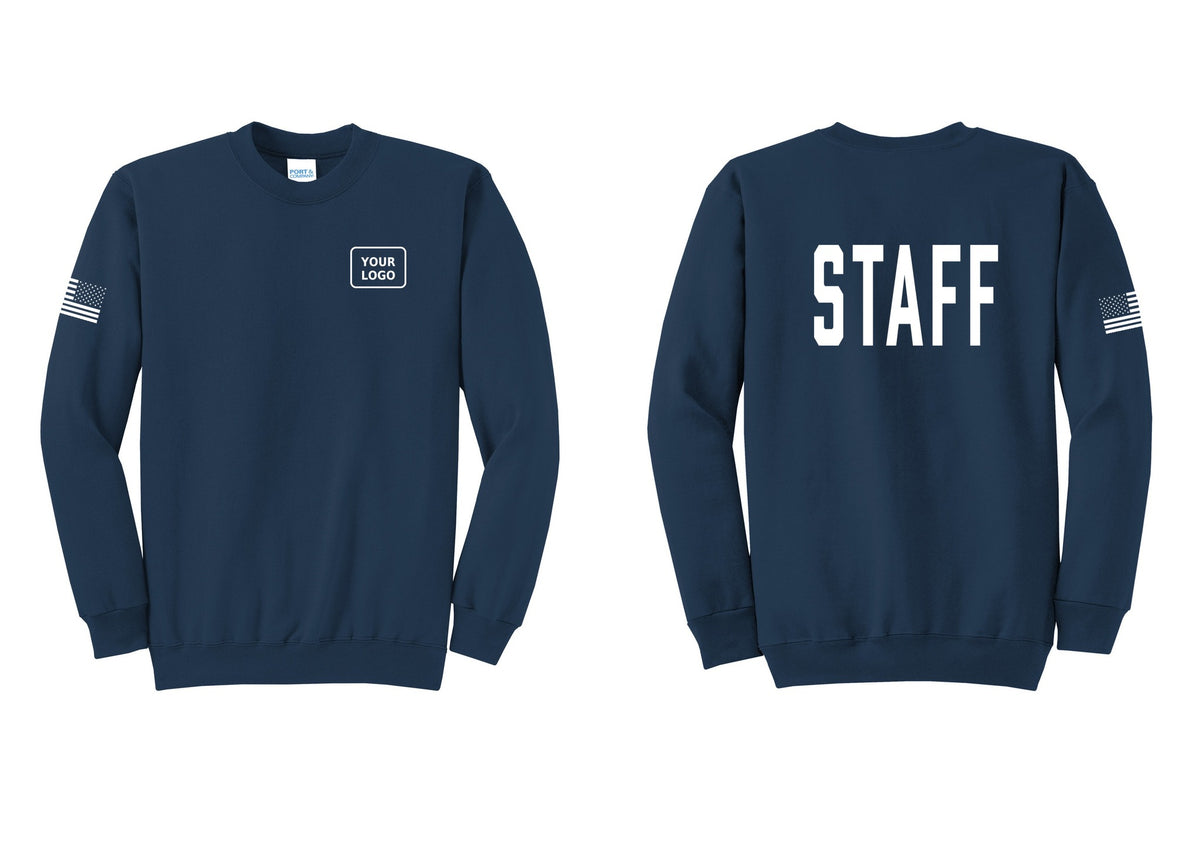 NYC Factory Custom Logo Staff Cotton Fleece Crewneck Sweatshirt (Classic) - Your Logo + Back + US Flag Sleeve - Navy