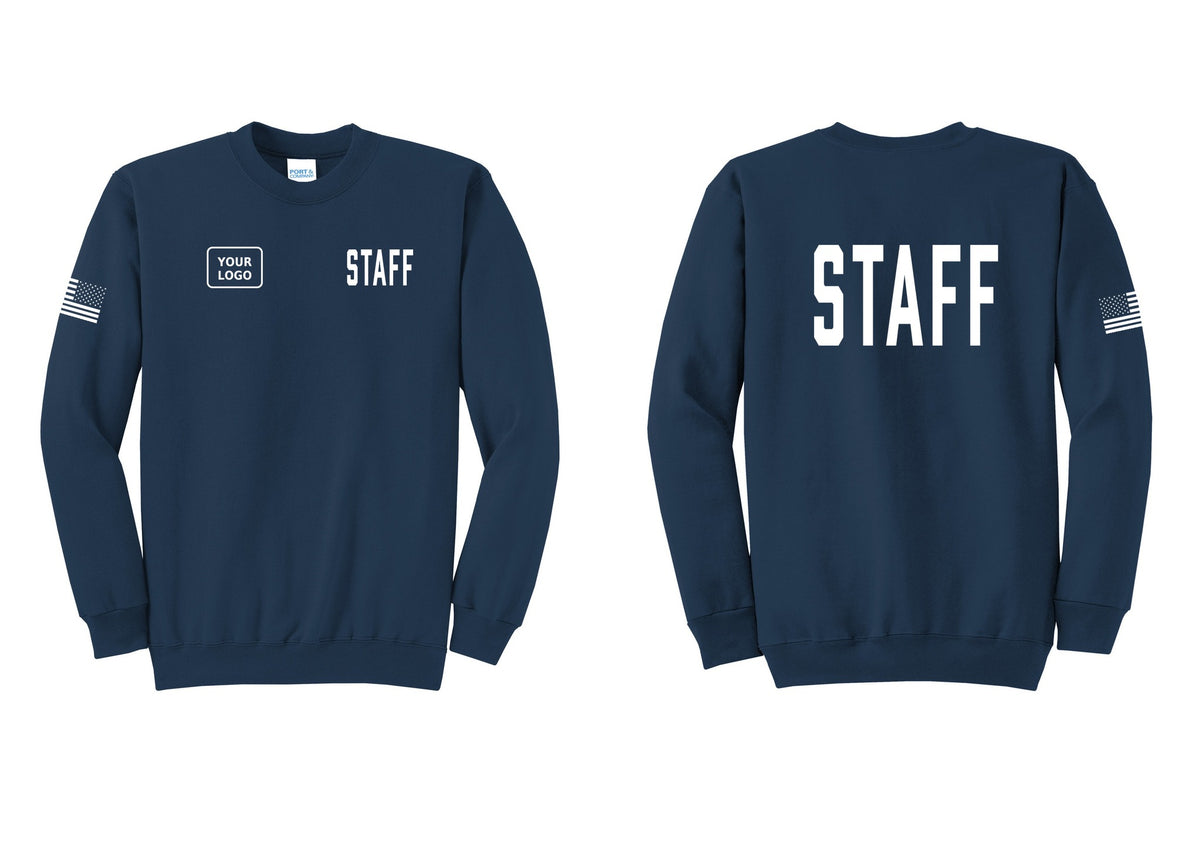 NYC Factory Custom Logo Staff Cotton Fleece Crewneck Sweatshirt (Classic) - STAFF + Your Logo + Back + US Flag Sleeve - Navy