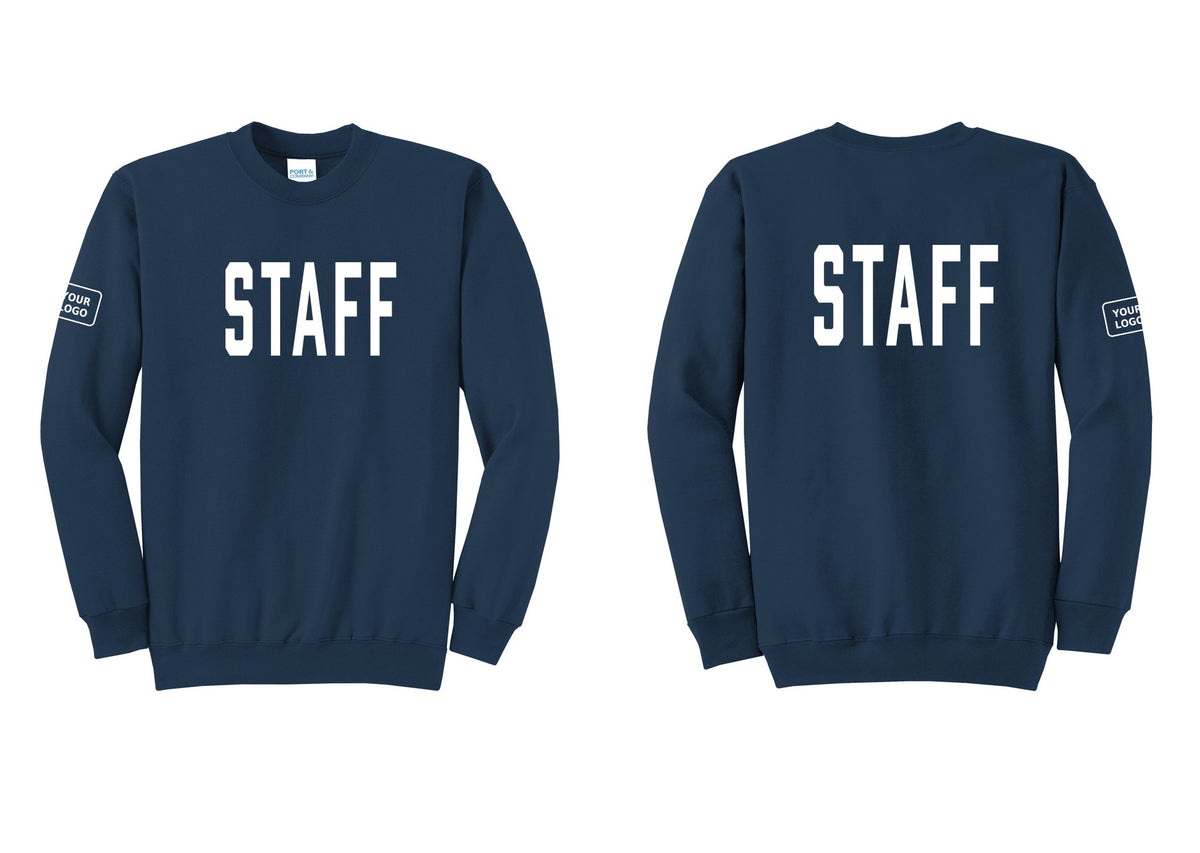 NYC Factory Custom Logo Staff Cotton Fleece Crewneck Sweatshirt (Classic) - Front + Back + Your Logo Sleeve - Navy