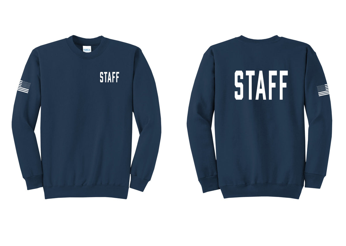 NYC Factory Staff Cotton Fleece Crewneck Sweatshirt (Classic) - Chest + Back + US Flag Sleeve - Navy