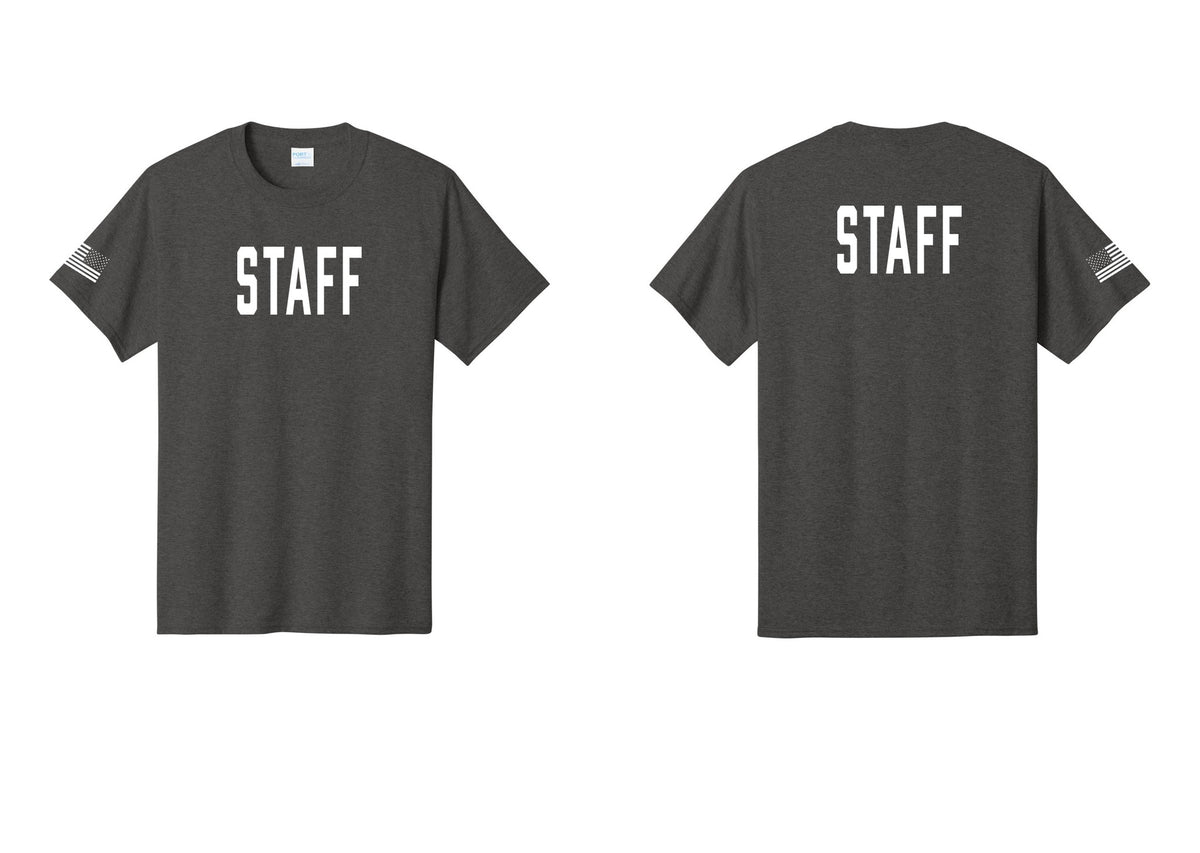NYC Factory Staff T-Shirt, Condensed Lettering - Front + Back + US Flag Sleeve - Dark Heather Grey