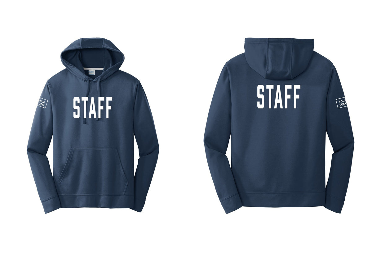 NYC Factory Custom Logo Staff Performance Hooded Fleece Pullover Sweatshirt (Classic) - Front + Back + Your Logo Sleeve - Navy
