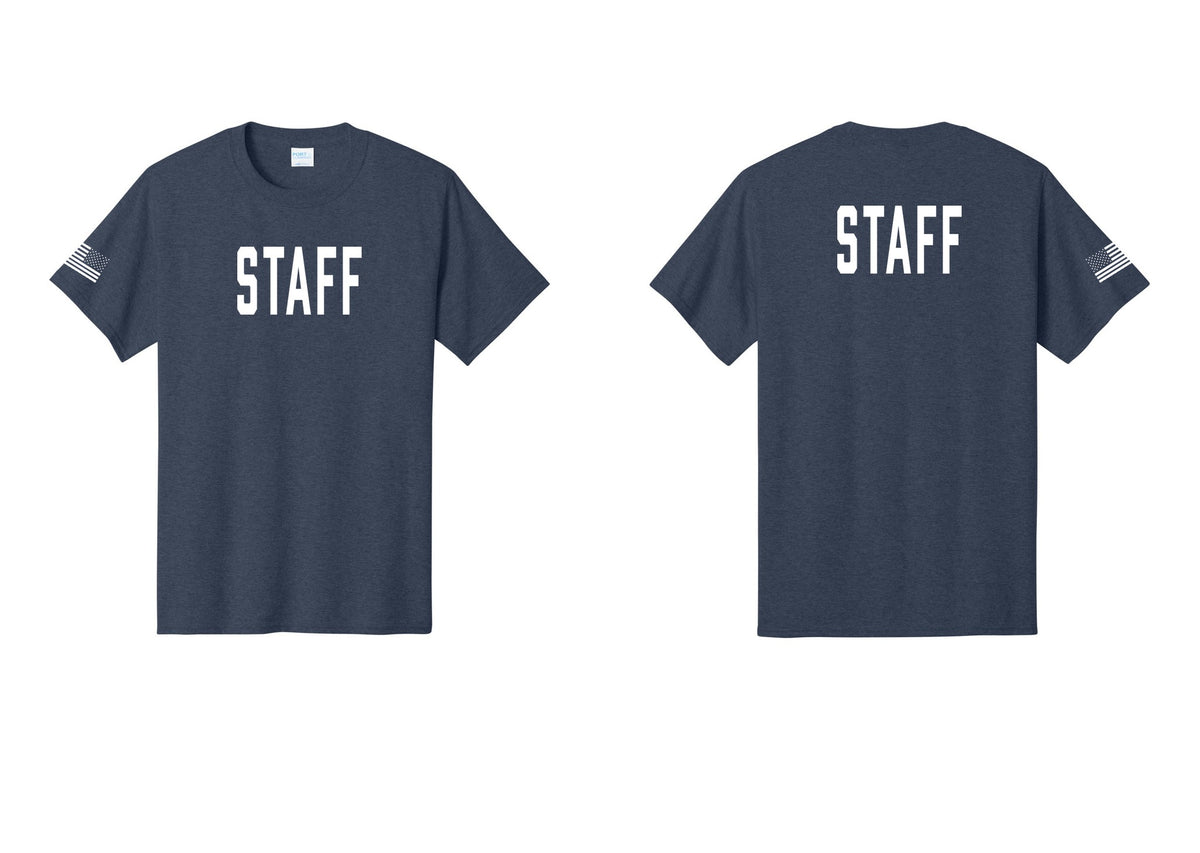 NYC Factory Staff T-Shirt, Condensed Lettering - Front + Back + US Flag Sleeve - Heather Navy