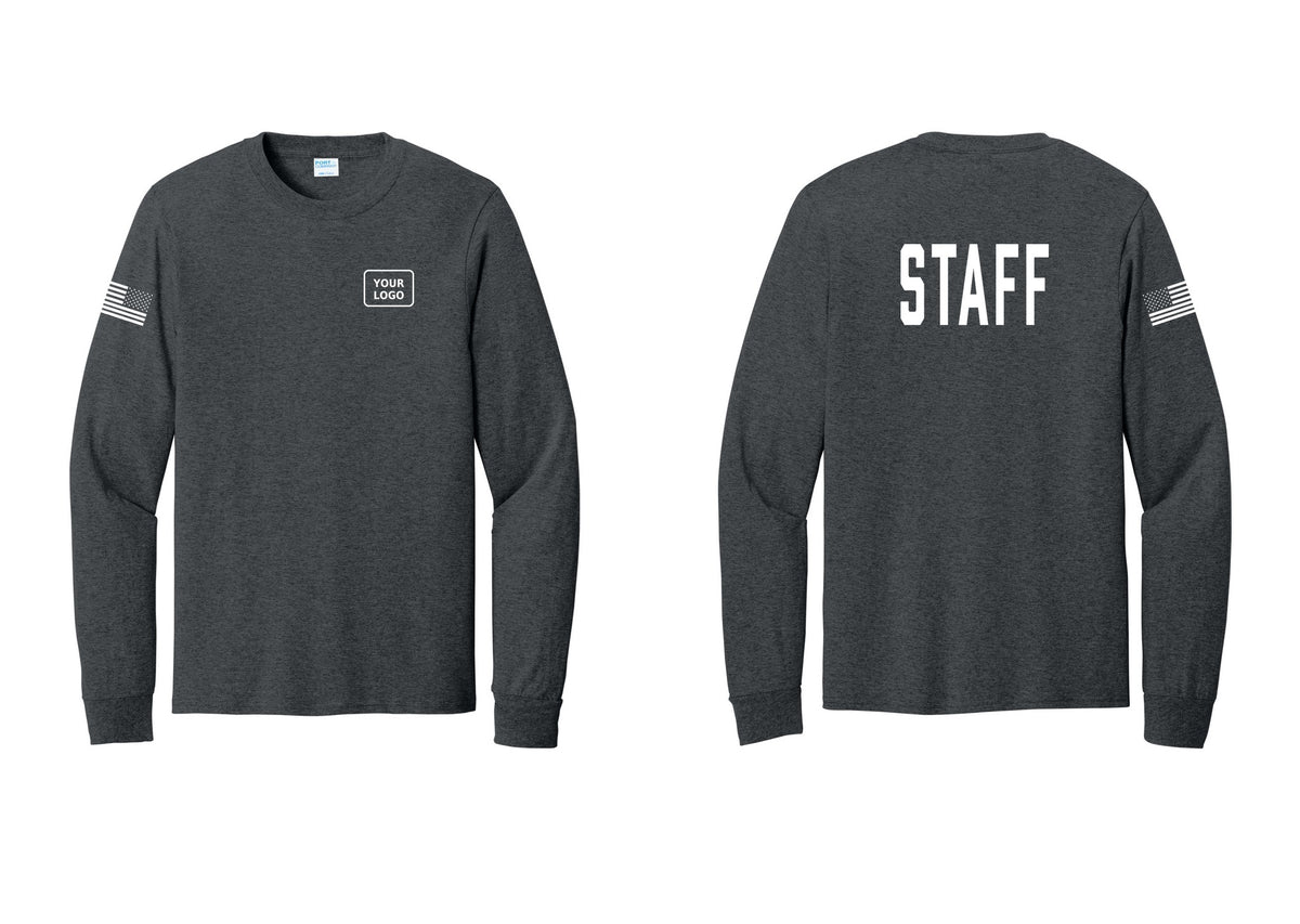 NYC Factory Custom Logo Staff Cotton Long Sleeve T-Shirt (Classic) - Your Logo + Back + US Flag Sleeve - Dark Heather Grey