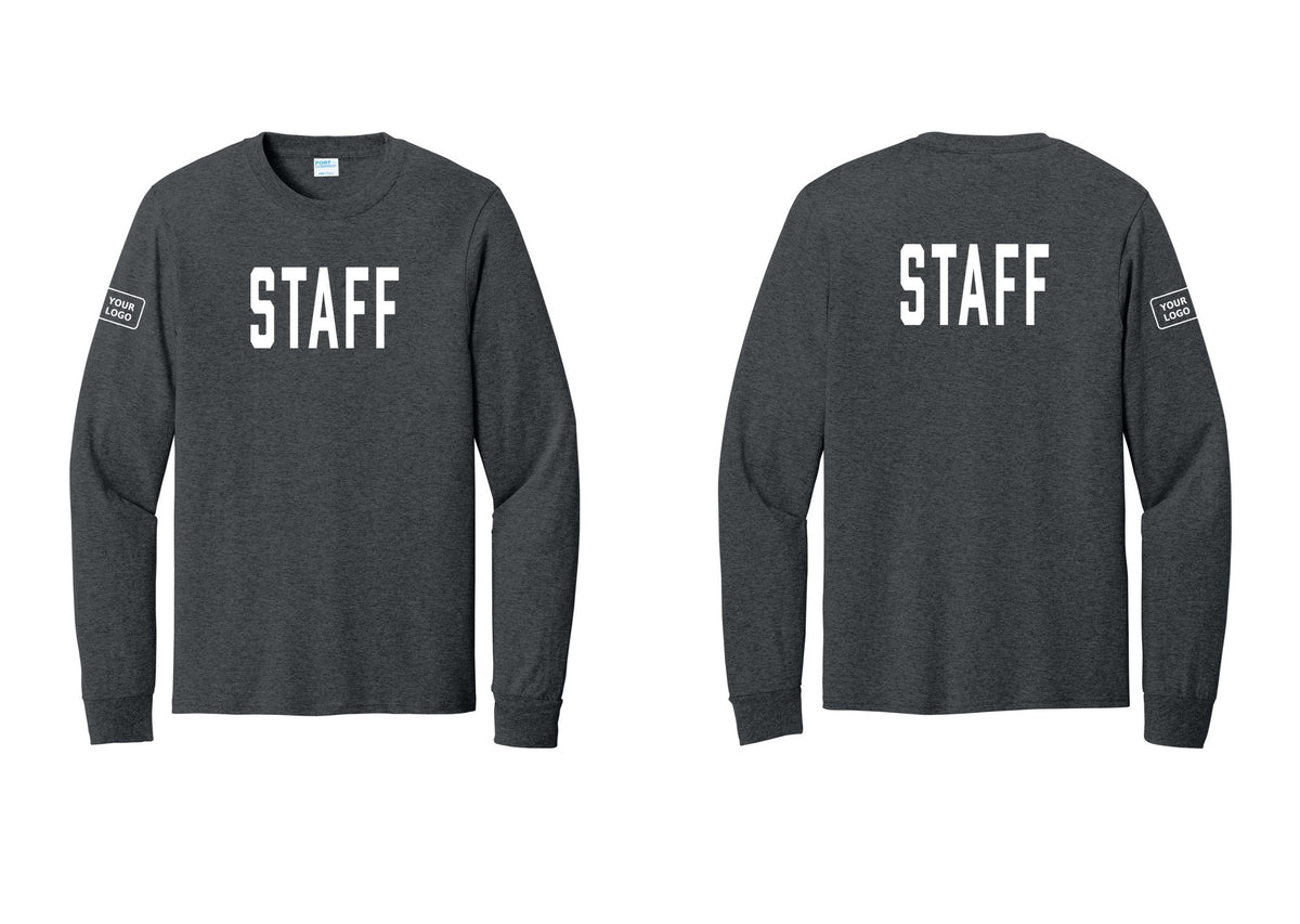 NYC Factory Custom Logo Staff Cotton Long Sleeve T-Shirt (Classic) - Front + Back + Your Logo Sleeve - Dark Heather Grey