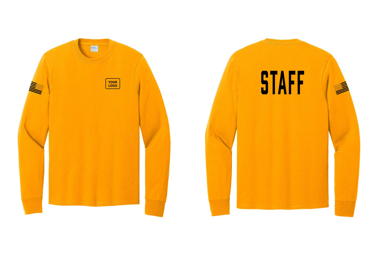 NYC Factory Custom Logo Staff Cotton Long Sleeve T-Shirt (Classic) - Your Logo + Back + US Flag Sleeve - Gold