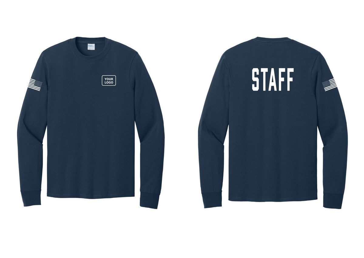 NYC Factory Custom Logo Staff Cotton Long Sleeve T-Shirt (Classic) - Your Logo + Back + US Flag Sleeve - Navy