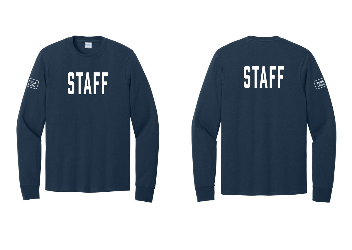 NYC Factory Custom Logo Staff Cotton Long Sleeve T-Shirt (Classic) - Front + Back + Your Logo Sleeve - Navy