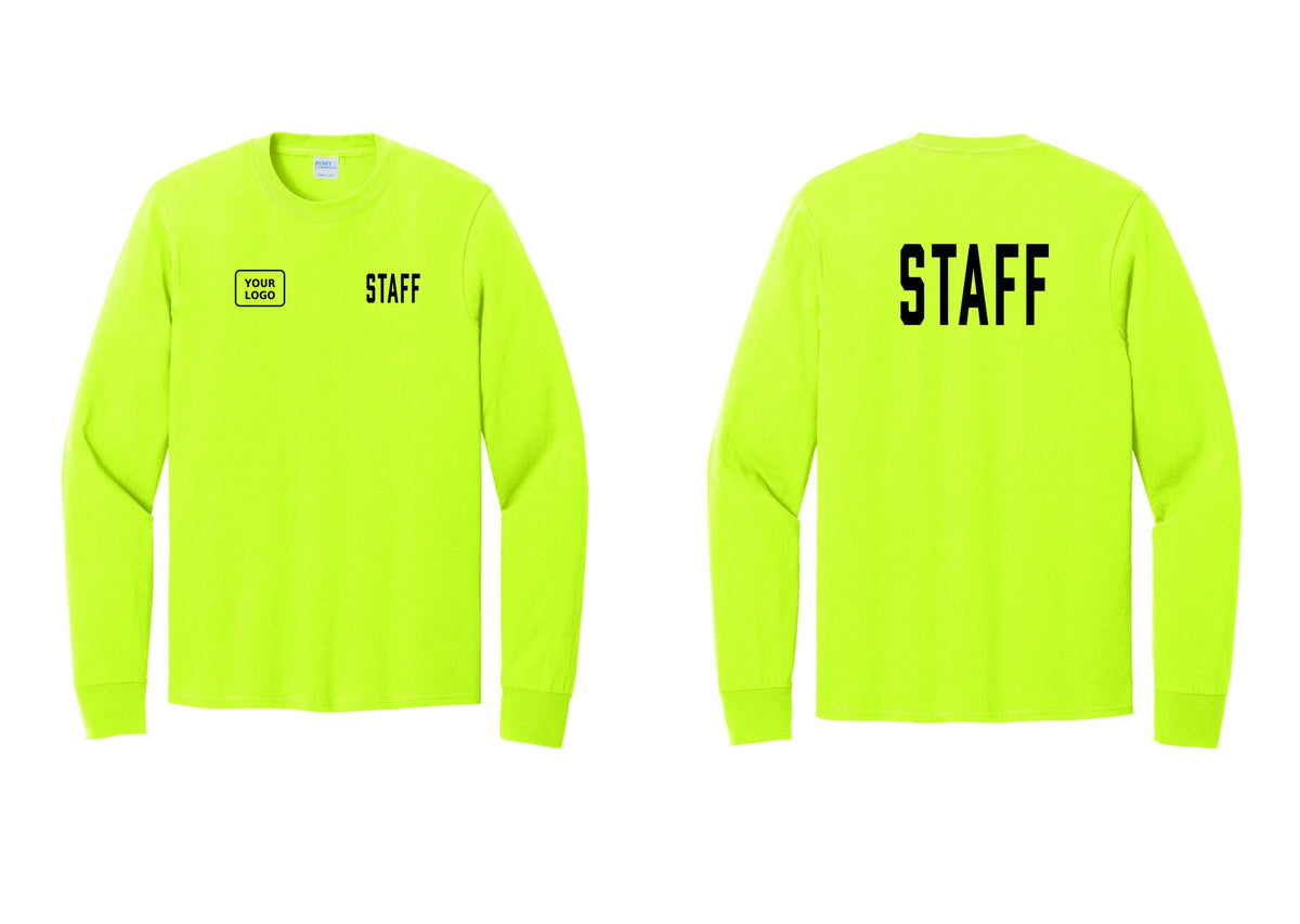 NYC Factory Custom Logo Staff Cotton Long Sleeve T-Shirt (Classic) - STAFF + Your Logo + Back - Safety Green