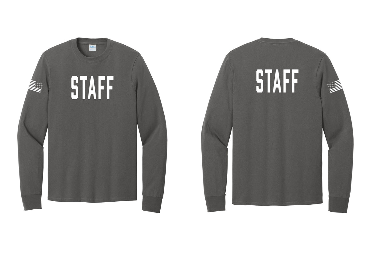 NYC Factory Staff Cotton Long Sleeve T-Shirt (Classic) - Front + Back + US Flag Sleeve - Charcoal