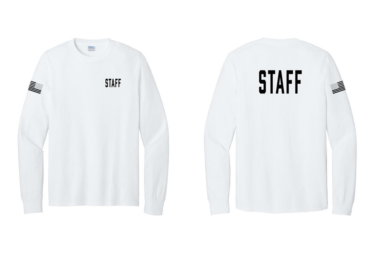 NYC Factory Staff Cotton Long Sleeve T-Shirt (Classic) - Chest + Back + US Flag Sleeve - White