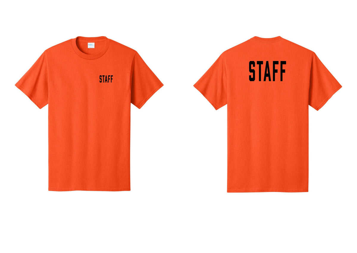 NYC Factory Staff T-Shirt, Condensed Lettering - Chest + Back - Orange