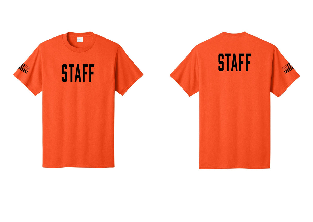 NYC Factory Staff T-Shirt, Condensed Lettering - Front + Back + US Flag Sleeve - Orange