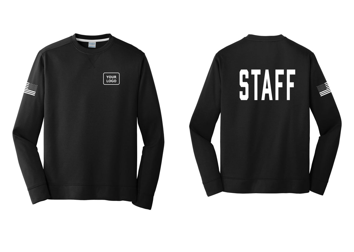 NYC Factory Custom Logo Staff Performance Fleece Crewneck Sweatshirt (Classic) - Your Logo + Back + US Flag Sleeve - Black