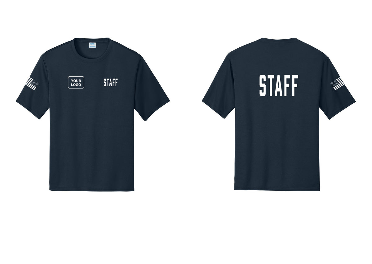 NYC Factory Custom Logo Staff Performance T-Shirt (Classic) - STAFF + Your Logo + Back + US Flag Sleeve - Navy