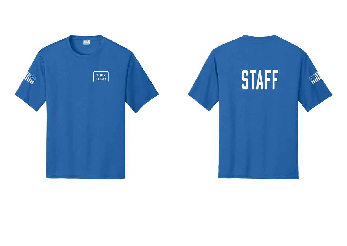 NYC Factory Custom Logo Staff Performance T-Shirt (Classic) - Your Logo + Back + US Flag Sleeve - Royal