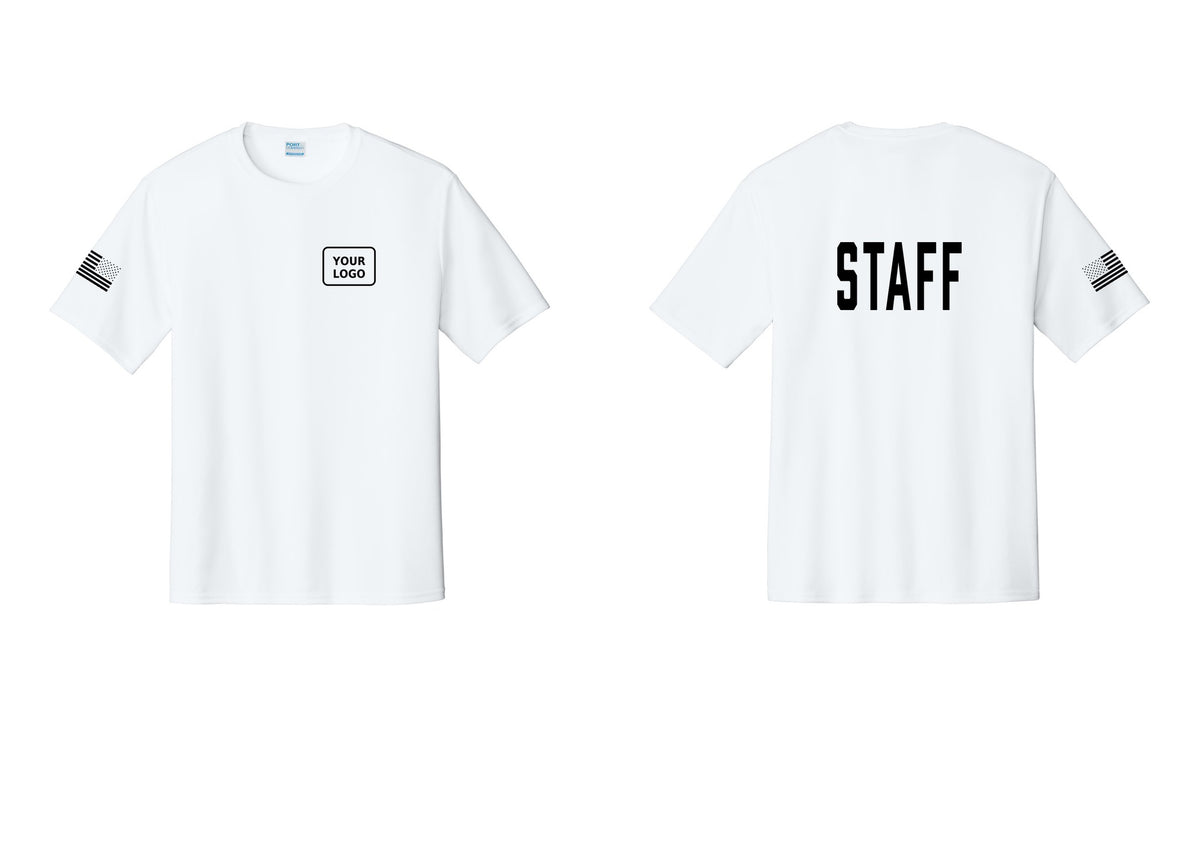 NYC Factory Custom Logo Staff Performance T-Shirt (Classic) - Your Logo + Back + US Flag Sleeve - White